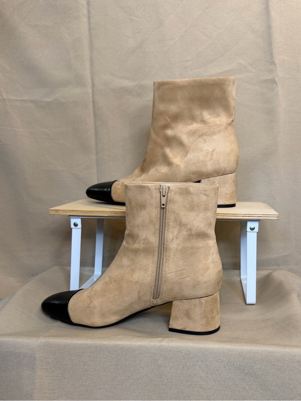 Two-Tone Beige Suede Ankle Boots with Black Cap Toe - Picture 2 of 5